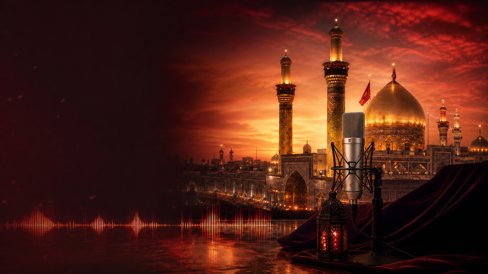 Karbala and Najaf inspired shrine architecture with a studio microphone in warm red light