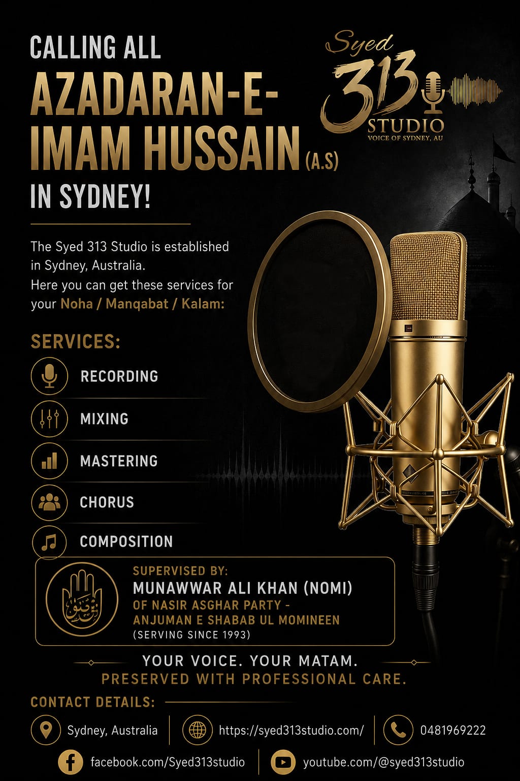 Syed 313 Studio Sydney announcement with professional recording, mixing, mastering, chorus and composition services